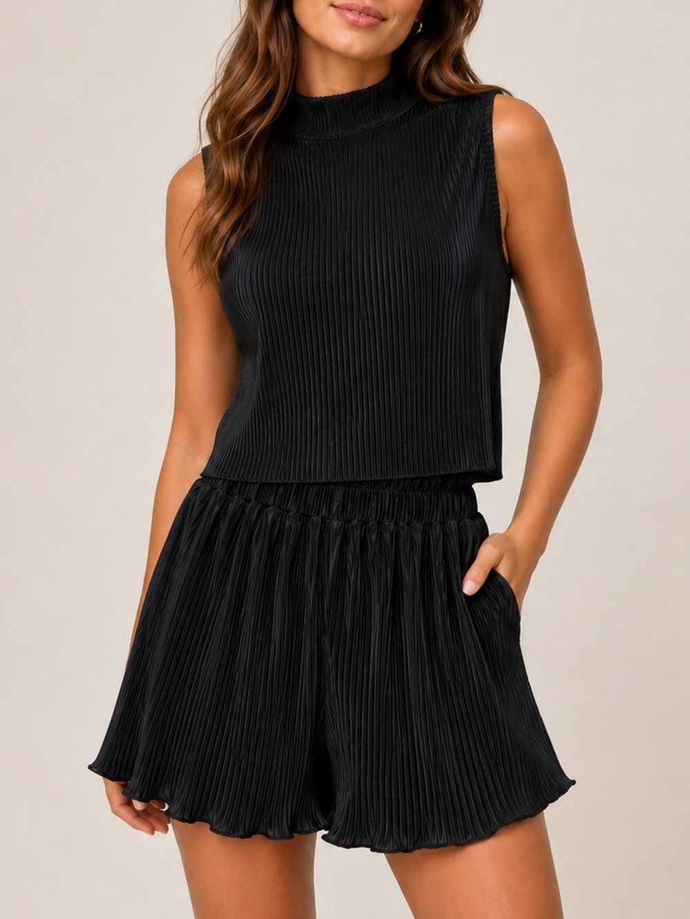 TCEC Black Pleated Mock Neck Top Shorts Set Matching Two Piece Set Boutique S/M